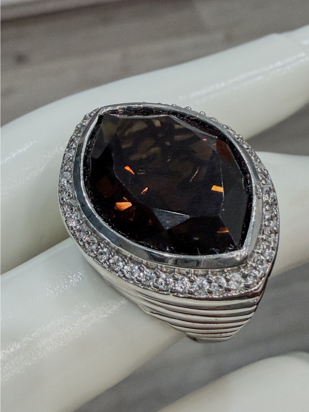 Brazilian Smoky Quartz White Zircon Sterling Silver Statement Ring Sz 8